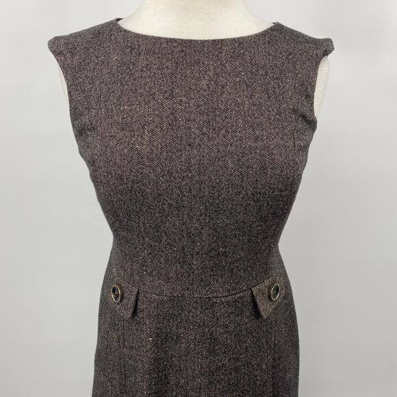 Ann Taylor Shift Dress Front Button Pleats Virgin Wool Brown Petite Womens 4P - Picture 3 of 10